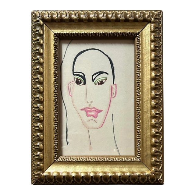 Vintage 1970’s Small Abstract Drawing Portrait in Gold Frame For Sale