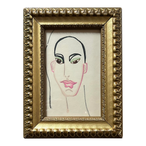 Vintage 1970’s Small Abstract Drawing Portrait in Gold Frame