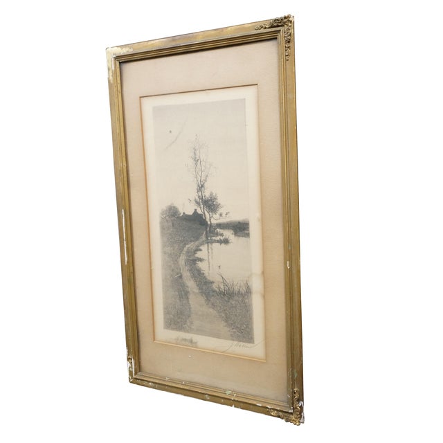 Realism Antique Alfred J Haller Farmhouse Cottage Village Bridge Landscape Etching 22" For Sale - Image 3 of 12