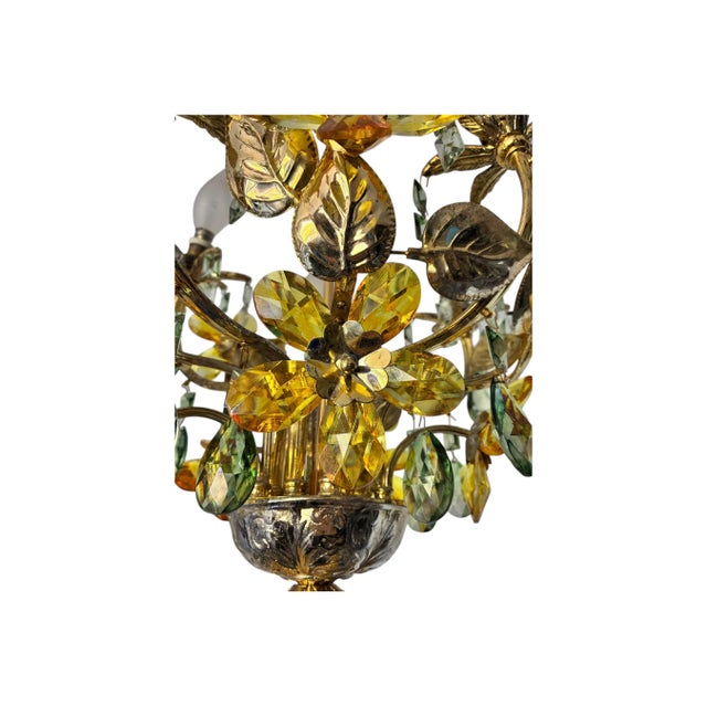 1960s Vintage Hand-Painted Floral Crystal Chandelier | Amber & Green Glass Flowers | Classic Brass Ceiling Light | Restored Antique Lighting For Sale - Image 5 of 17