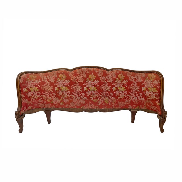 Vintage French Carved Walnut Upholstered Double Bed Frame Red Floral Damask Louis XV Style For Sale - Image 9 of 9