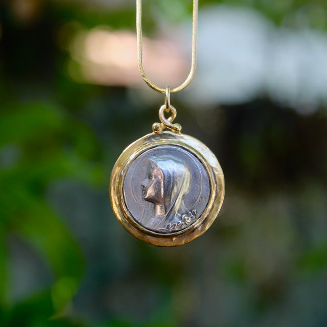 Silver 1990s Sterling Silver and 14k Gold Brother Wolf Our Lady of Lourdes Medallion For Sale - Image 8 of 9