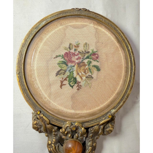 Large Antique 19th Century Gilt Bronze Petit Point Embroidery Vanity Hand Mirror For Sale - Image 11 of 14