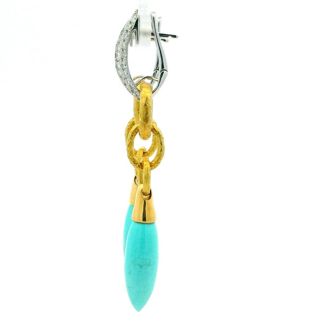 Turquoise 1990s Pair of Italian 18k Gold Diamond & Turquoise Link Drop Earrings For Sale - Image 8 of 10