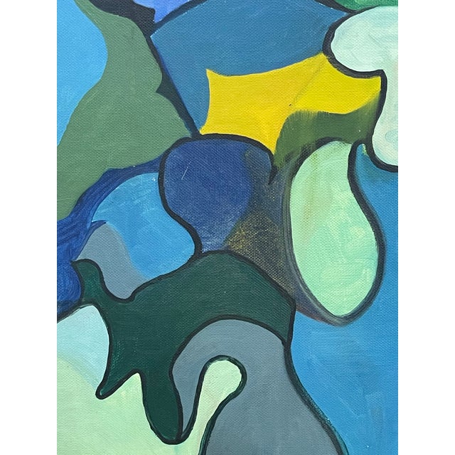 Vintage Abstract Geometric Acrylic Painting on Canvas Board in Blue and Green Tones.. For Sale - Image 10 of 10