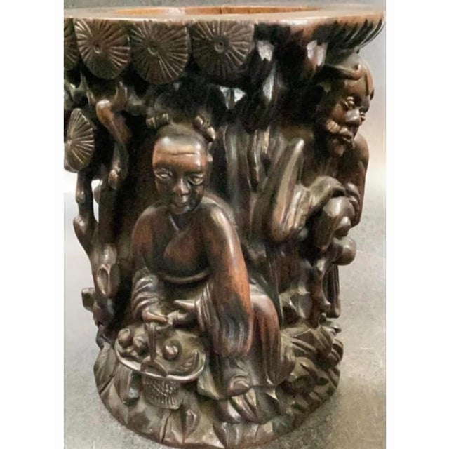 Early 20th Century Pair of Antique Chinese Hand-Carved Wooden Brush Pots For Sale - Image 5 of 6