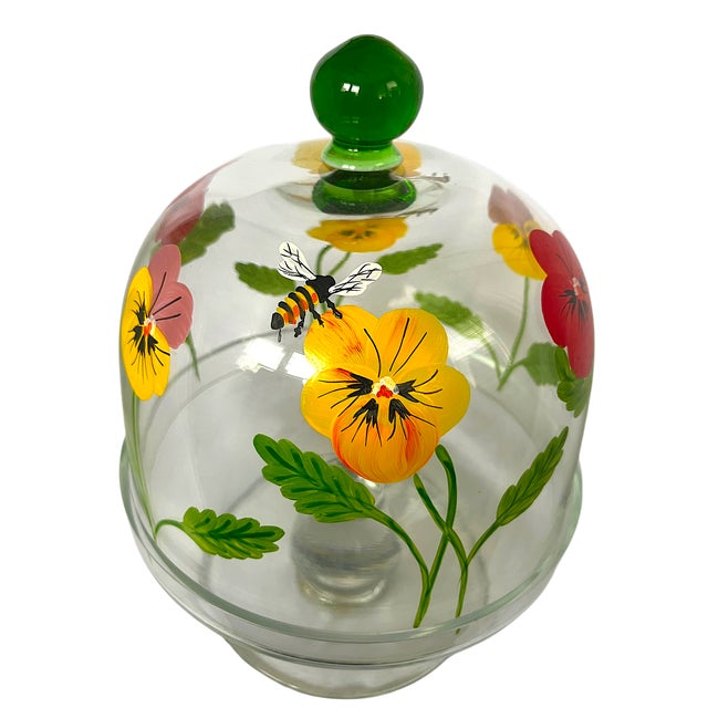 Bunny Williams Home Signed and Hand-Painted Glass Cake or Dessert Stand With Cloche Lid Decorated With Flowers and Bees For Sale - Image 4 of 8