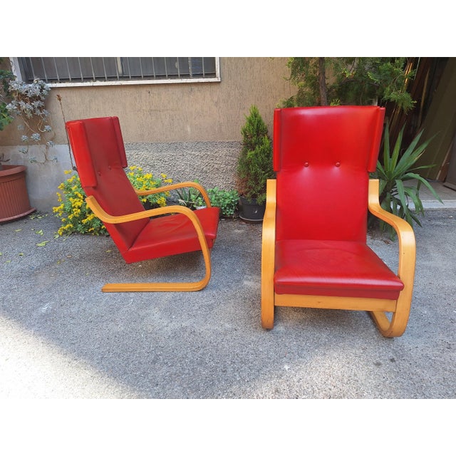 Mid-Century Modern Model 36/401 Armchairs in Birch Wood and Leather by Alvar Aalto for Artek, 1960s, Set of 2 For Sale - Image 3 of 12