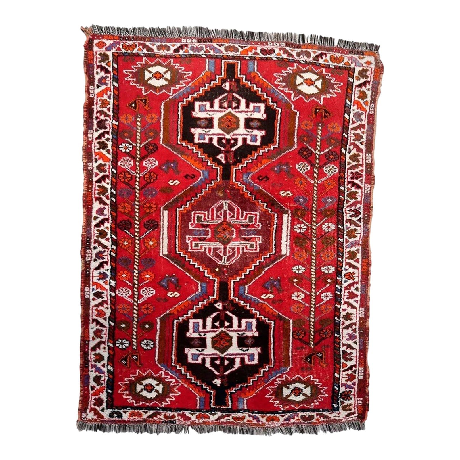 1940s, Vintage Persian Shiraz Rug, Tribal Triple Medallion, Red Field ...