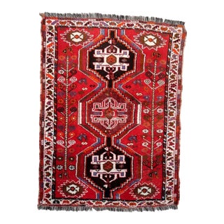 1940s, Vintage Persian Shiraz Rug, Tribal Triple Medallion, Red Field, 4 X 5 For Sale