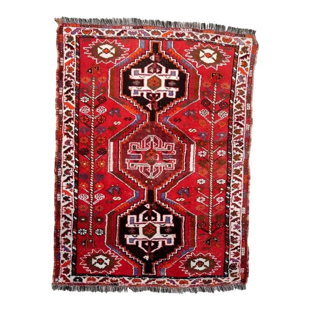 1940s, Vintage Persian Shiraz Rug, Tribal Triple Medallion, Red Field, 4 X 5 For Sale