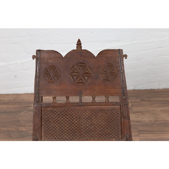 Antique Indian Rustic Low Seat Wooden Chair With Carved Rosettes and Twine Seat For Sale - Image 4 of 14