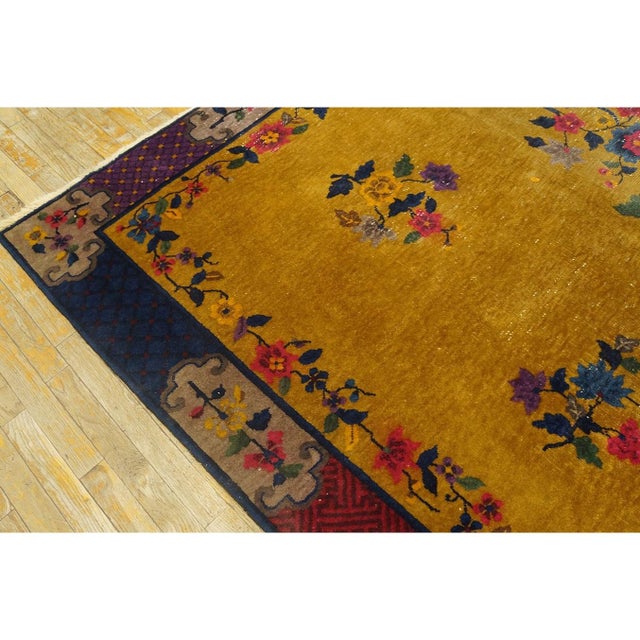 Canary Yellow 1920s Yellow Florid Antique Chinese Art Deco Carpet 7'2" X 9'10" Handknotted Rug For Sale - Image 8 of 9