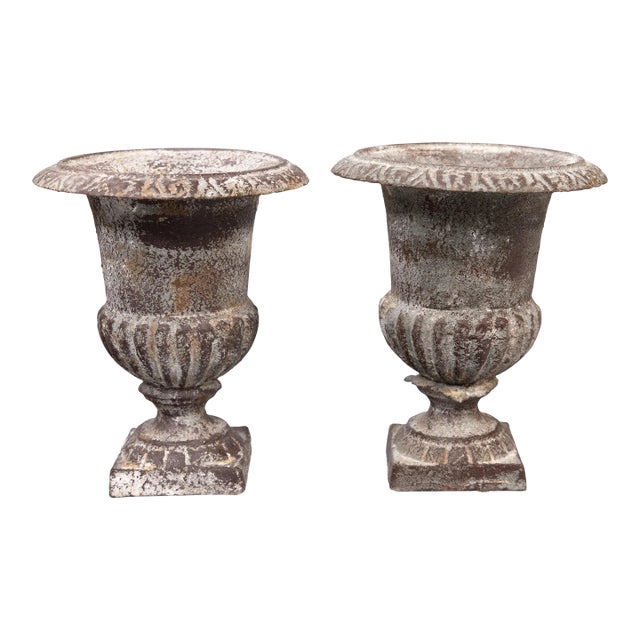 Antique French Petite Cast Iron Urns Planters - a Pair For Sale