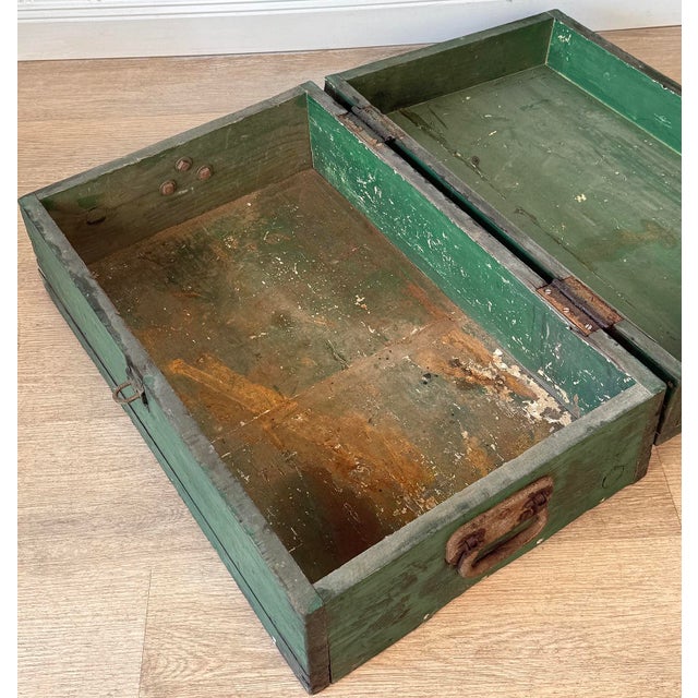 Antique Traditional Green Wood Stanley Tool Box Storage Chest For Sale - Image 6 of 10