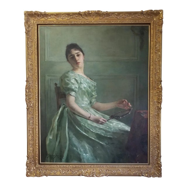 1890 Berthe Burgkan Signed Framed Antique Portrait Woman Oil on Canvas Painting For Sale