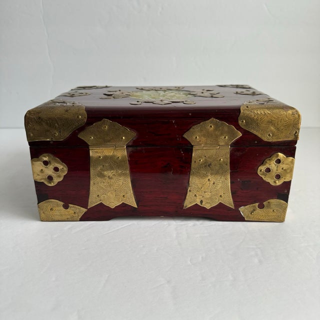 Rosewood Jewelry Box Brass Carved Jadeite Asian Chinoiserie Medallion Hinged Lid Lock Trunk For Sale - Image 6 of 11