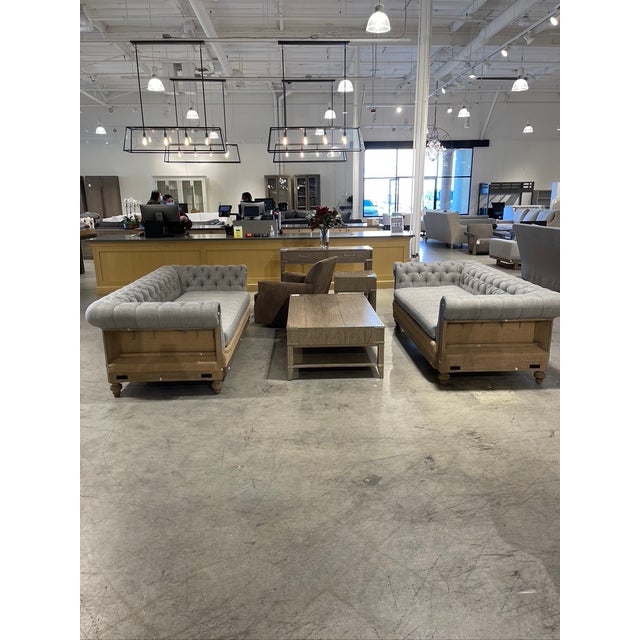 Stunning 7' sofa from RH's Deconstructed Chesterfield collection. Down-filled cushions upholstered in textured linen weave...