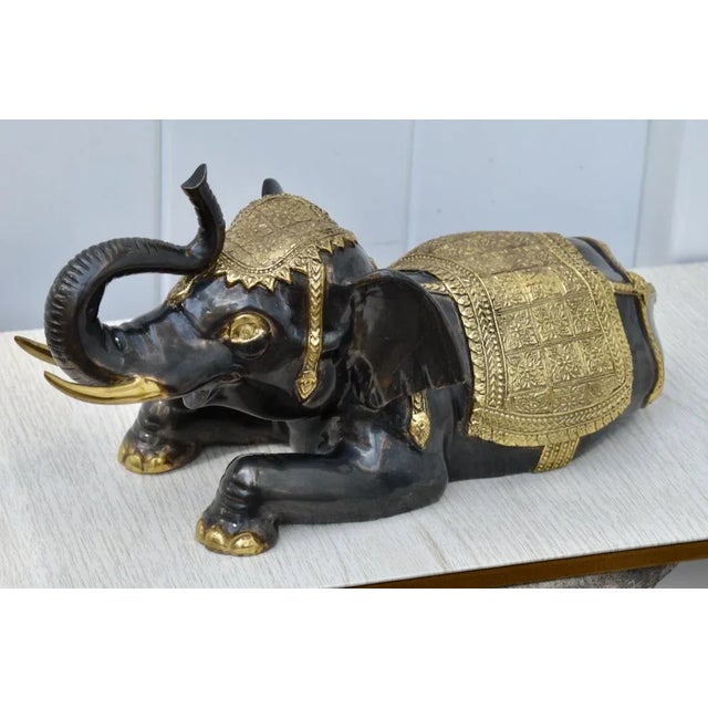 Vintage (1970's) Ornate Unique Elephant Statue has a Thai Style. Two Tone Bronze Color Ebony and Gold. The Measurements:...