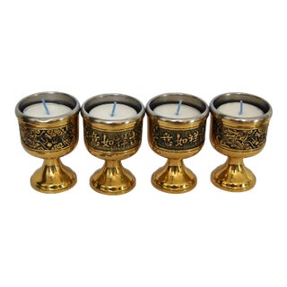 Chinoiserie Japonisme Dragon Brass Candle Votive Holders With Candles - Set of 4 For Sale