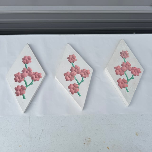 Mid-Century Modern Mid 20th Century Cherry Blossom Chalkware Wall Plaques- Set of 3 For Sale - Image 3 of 12