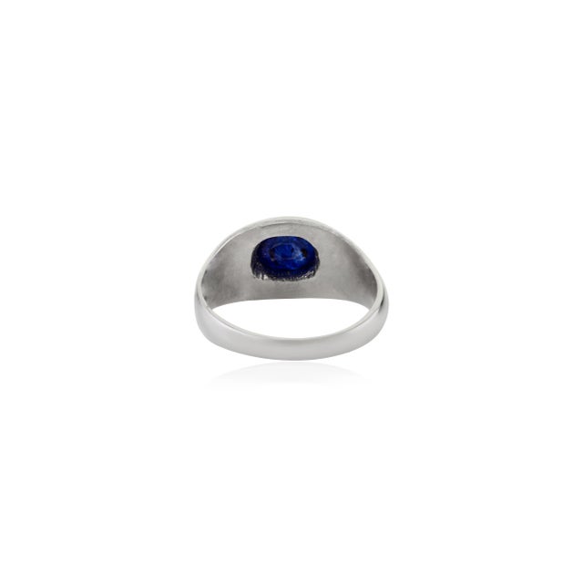Metal Signet Ring With Blue Sapphire East-West Gypsy Set Gemstone Size 8 For Sale - Image 7 of 12