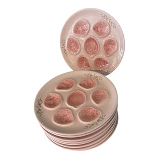Vintage Hand-Painted French Pink Oyster Plates by m.b.f.a. Pornic, Oléron — Circa 1960s - One Plate. 9 Available. For Sale
