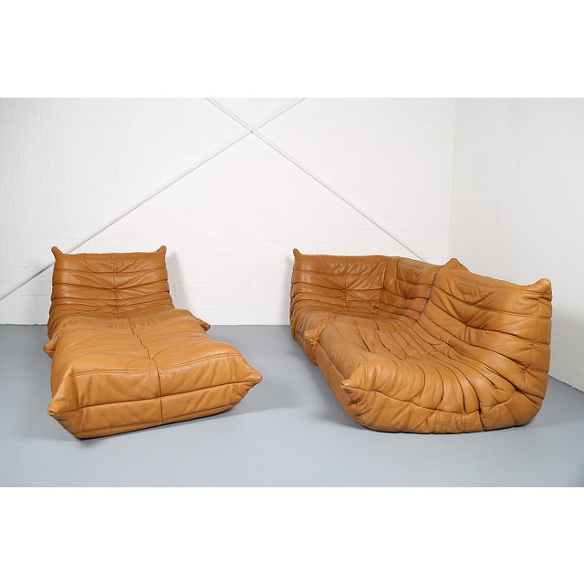 Mid-Century Modern Cognac Leather Togo Sofas by Michel Ducaroy for Ligne Roset, 2010s, Set of 4 For Sale - Image 3 of 18