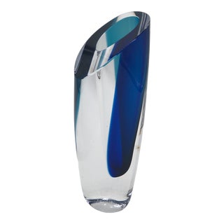 Kosta Boda Goran Warff Signed Clear and Blue Art Glass Vase - Vintage For Sale