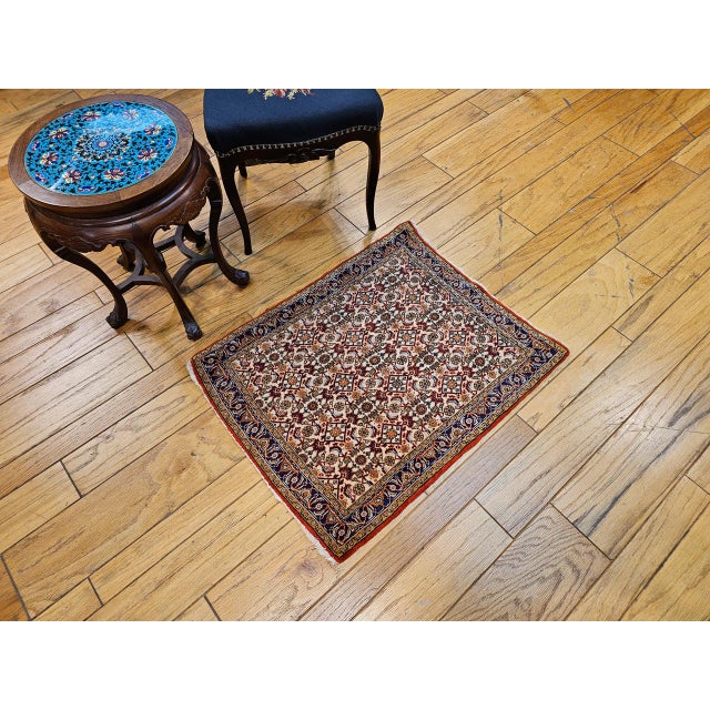 Vintage Qum Square Accent Rug, Hand-Knotted Wool, Allover Geometric Pattern, 2x2, Ivory & Navy For Sale - Image 4 of 7