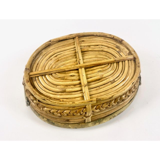 Wood Italian Rattan and Brass Basket Centerpiece, 1960s For Sale - Image 7 of 12