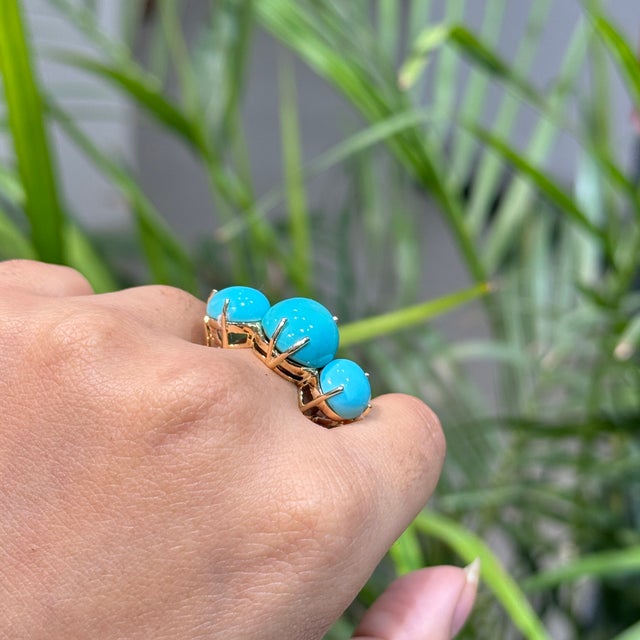18k Solid Gold Oval 15.78ct Turquoise Three Stone Victorian Ring Size 4 For Sale In New York - Image 6 of 17