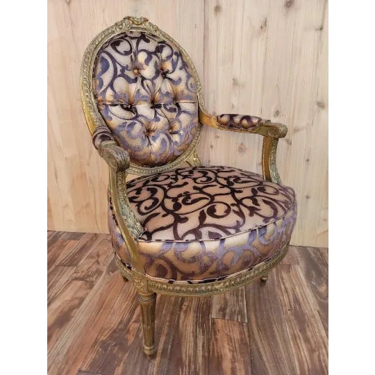 Wood Antique French Louis XV Style Ornate Carved Giltwood Fauteuil Armchairs Newly Reupholstered - Pair For Sale - Image 7 of 11