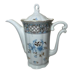 1970s Haas & Czjzek Czech Coffee/Tea Pot - Embossed Rim, Blue Floral and Gold Leaves, Gold Trim, Handmade