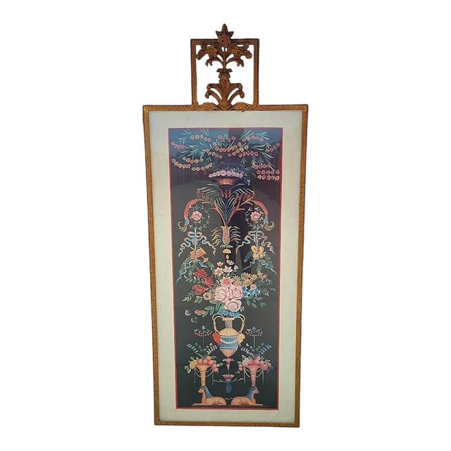 1980s Oversized John Richard Chinoiserie Botanical Framed Wall Art With Gilt Rope Architectural Pediment Crest For Sale
