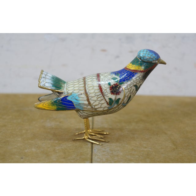Mid 20th Century Vintage Chinese Brass Cloisonne Enamel Bird Figurine on Wood Stand 5" For Sale - Image 5 of 13