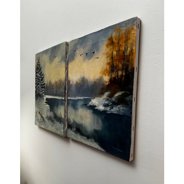 Vintage Traditional Impressionist White Winter Landscape Original Oil Painting Diptych, a Pair in Cerulean Blue, Burnt Umber & White For Sale - Image 4 of 11