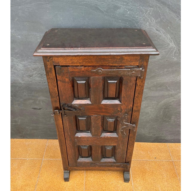 Spanish Rustic Solid Oak Cabinet with Paneled Door and Iron Hardware, 1880s For Sale - Image 4 of 10