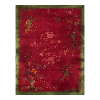1920s Antique Fuschia Asymmetrical Floral Handknotted Wool Chinese Art Deco Rug For Sale