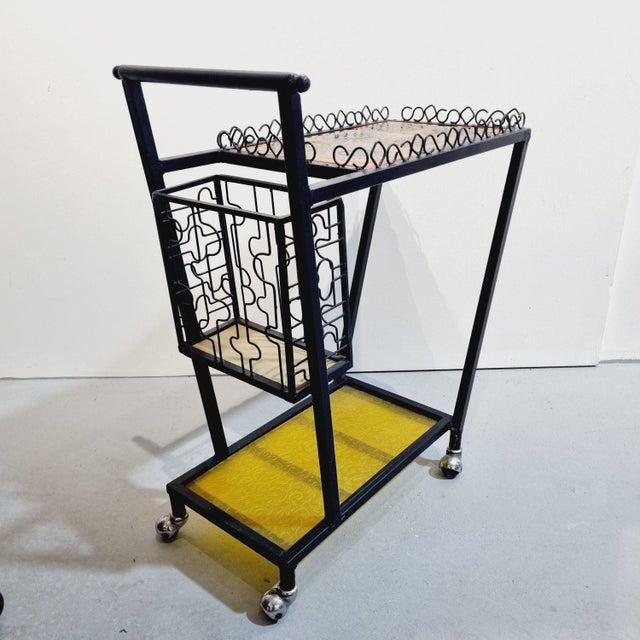 Vintage Mid-Century Wrought Iron Bar Cart with Ceramic Tile Top, 1960s For Sale - Image 4 of 11