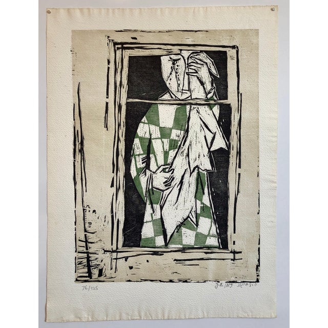 Yosl Bergner, 1959 Israeli Yosl Bergner Modernist Color Woodcut Woodblock Print, c.1959 For Sale - Image 4 of 4
