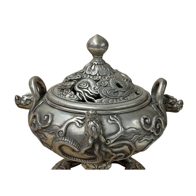 Chinese Silver Color Round Dragon Theme Incense Burner Display Art For Sale - Image 16 of 18