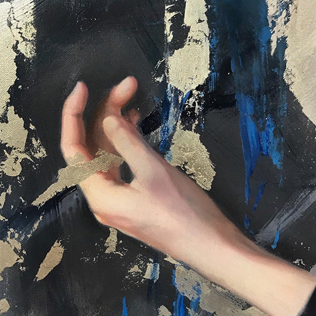 Contemporary Emergence by Brian O'Neill | Oil on panel with White Gold and Silver Leaf woman in flowing black robe For Sale - Image 3 of 5
