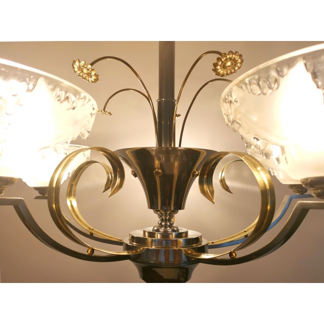 Gold French Art Deco Chandelier in Chrome, Brass and Frosted Glass, 1930s For Sale - Image 8 of 11
