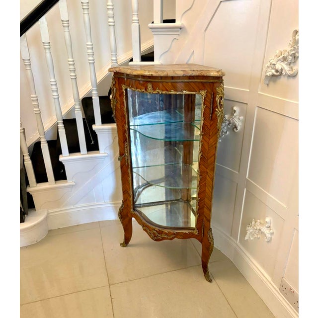 Antique French Kingwood Serpentine Corner Display Cabinet with Marble Top and Ormolu Mounts, 1860 For Sale - Image 3 of 12