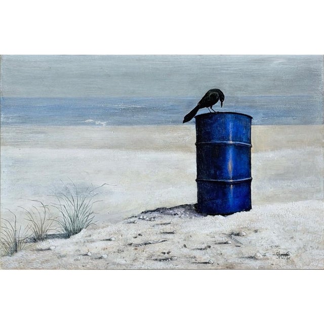 Realism Original 1970s Pacific Northwest Oil on Board Painting Crow on Blue Drum by William Bill Sharp For Sale - Image 3 of 13