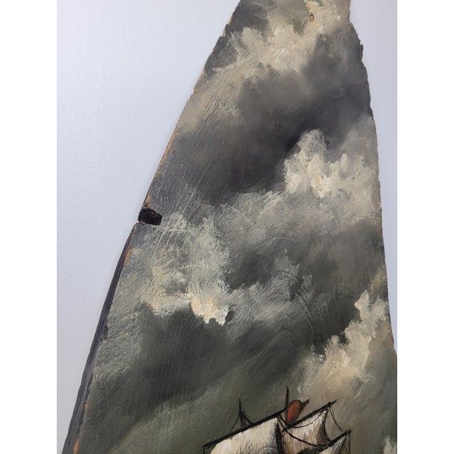 American Mid-Century Nautical Ship Oil Painting on Live-Edge Wood Slab-Signed For Sale - Image 3 of 9