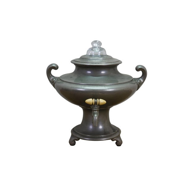 Vintage pewter coffee and tea samovar service, featuring a percolator with trophy urn form, a pitcher, and creamer and...
