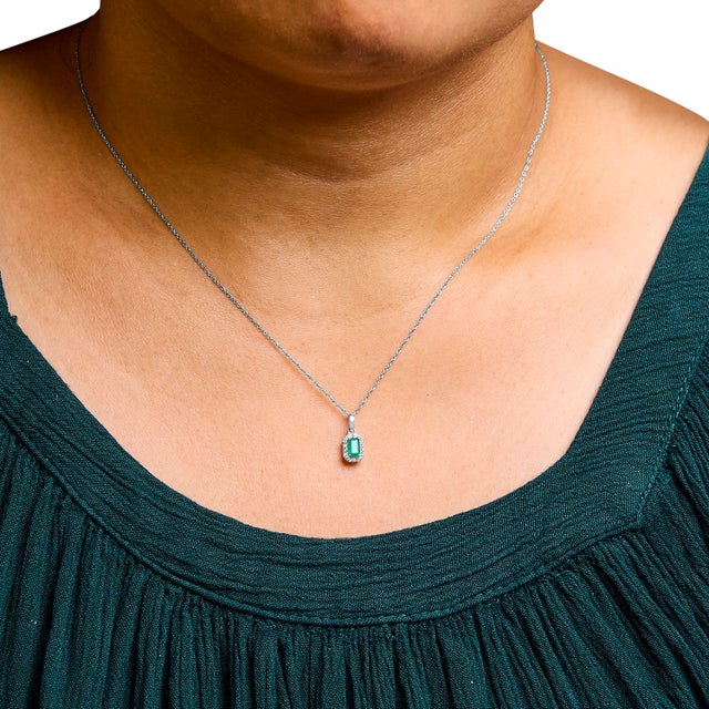 10K White Gold 5x3mm Green Emerald and Diamond Accent Halo Octagonal Shape 18" Pendant Necklace (I-J Color, I1-I2 Clarity) For Sale - Image 4 of 5