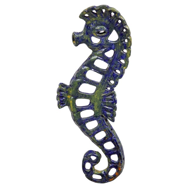 Vintage Blue Glazed Seahorse Wall Sculpture, 1970s For Sale - Image 10 of 10